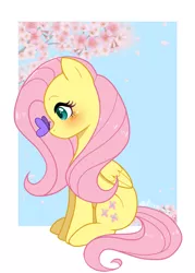 Size: 1571x2191 | Tagged: safe, artist:aliceshionotaku, derpibooru import, fluttershy, butterfly, insect, pegasus, pony, blushing, butterfly on nose, female, flower, flower petals, folded wings, image, insect on nose, looking at something, mare, png, profile, sitting, solo, tree branch, wings
