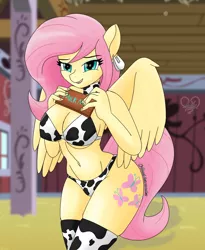 Size: 1800x2200 | Tagged: suggestive, artist:dibujoschidosdelabad, derpibooru import, fluttershy, anthro, pegasus, absolute cleavage, barn, belly button, big breasts, bikini, breasts, busty fluttershy, cleavage, clothes, cow girl, cowkini, cowprint, holding sign, image, looking at you, png, sign, socks, solo, string bikini, swimsuit, thigh highs
