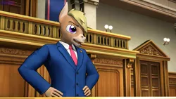 Size: 3840x2160 | Tagged: safe, artist:antonsfms, derpibooru import, oc, oc:nickyequeen, unofficial characters only, anthro, donkey, 3d, ace attorney, alternate universe, anthro oc, badge, banner, clothes, commission, commissioner:nickyequeen, court, courtroom, crossover, desk, donkey oc, formal attire, formal wear, high res, image, image set, male, necktie, open mouth, phoenix wright, png, solo, source filmmaker, suit, yelling