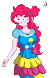 Size: 1280x1920 | Tagged: safe, artist:dibujoschidosdelabad, derpibooru import, pinkie pie, equestria girls, blushing, clothes, cutie mark, cutie mark on clothes, dress, eyes closed, image, png, ponytail, simple background, solo, transparent background