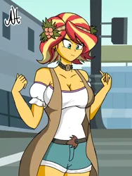 Size: 1200x1600 | Tagged: suggestive, artist:dibujoschidosdelabad, derpibooru import, sunset shimmer, vignette valencia, equestria girls, equestria girls series, alternate hairstyle, big breasts, breasts, busty sunset shimmer, cleavage, clothes swap, female, flower, flower in hair, hairstyle swap, holly, image, png, redraw, short hair, solo