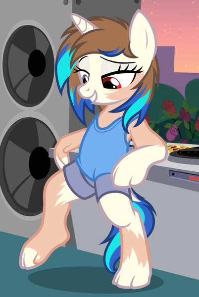 Size: 765x1143 | Tagged: safe, artist:anonymous, derpibooru import, vinyl scratch, unicorn, bipedal, bipedal leaning, human to pony, image, leaning, png, red eyes, show accurate, transformation