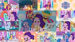 Size: 1280x720 | Tagged: safe, derpibooru import, edit, edited screencap, editor:quoterific, screencap, alphabittle (g5), hitch trailblazer, izzy moonbow, pipp petals, queen haven, sunny starscout, zipp storm, earth pony, pegasus, pony, unicorn, g5, my little pony: tell your tale, spoiler:g5, spoiler:my little pony: tell your tale, spoiler:tyts01e07, :o, clip trot, female, hoof hold, image, jazz (g5), male, mane five (g5), mare, mobile phone, open mouth, open smile, phone, png, rain, smartphone, smiling, stallion, sunglasses, text, thunder (g5), tree, wet, wet mane, zoom zephyrwing