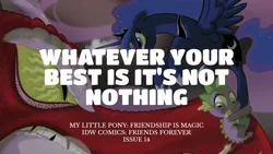 Size: 1280x720 | Tagged: safe, derpibooru import, edit, editor:quoterific, idw, basil, princess luna, spike, alicorn, dragon, pony, friends forever, spoiler:comic, female, image, jpeg, male, mare, spread wings, text, trio, wings