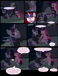 Size: 1042x1358 | Tagged: safe, artist:dendoctor, derpibooru import, mean twilight sparkle, pinkie pie, twilight sparkle, twilight sparkle (alicorn), alicorn, earth pony, pony, comic:clone.., alternate universe, bandage, clone, clothes, comic, female, first aid kit, image, injured, jpeg, pinkie clone, taffy