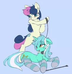 Size: 933x956 | Tagged: suggestive, artist:fajeh, derpibooru import, bon bon, lyra heartstrings, sweetie drops, earth pony, semi-anthro, unicorn, blushing, clothes, collar, duo, duo female, eye clipping through hair, eyebrows, eyebrows visible through hair, female, femdom, femsub, frown, image, leash, lesbian, light blue background, lyrabon, open mouth, open smile, pet play, png, riding crop, shipping, simple background, smiling, socks, striped socks, submissive