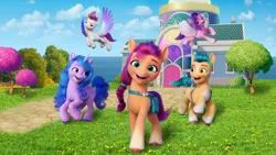 Size: 1438x810 | Tagged: safe, hitch trailblazer, izzy moonbow, pipp petals, sunny starscout, zipp storm, crystal brighthouse, g5, image, jpeg, my little pony: a maretime bay adventure, video game