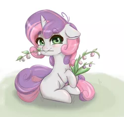 Size: 1500x1411 | Tagged: safe, artist:inky_mitts, derpibooru import, sweetie belle, pony, unicorn, blank flank, blushing, cute, diasweetes, eyebrows, eyebrows visible through hair, female, filly, floppy ears, flower, foal, grass, image, mouth hold, png, shadow, simple background, sitting, smiling, solo, white background