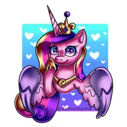 Size: 1378x1378 | Tagged: safe, artist:dannonhynha, derpibooru import, princess cadance, alicorn, canterlot wedding 10th anniversary, crown, cute, ears, ears up, hair, heart, heart eyes, hooves, hooves up, horn, image, jewelry, looking at you, lovely, png, regalia, simple background, smiling, smiling at you, solo, spread wings, wingding eyes, wings