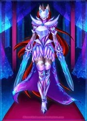 Size: 2893x4044 | Tagged: safe, artist:minamikoboyasy, derpibooru import, oc, oc:selune darkeye, unofficial characters only, anthro, plantigrade anthro, unicorn, armor, armor skirt, banner, blade, blades, body markings, carpet, cloak, clothes, coat markings, commission, curtains, cutie mark, ear fluff, epaulettes, flowing mane, flowing tail, gauntlet, helmet, horn, image, looking at you, markings, moon, png, redhead, skirt, smiling, smiling at you, solo, sword, tail, unicorn oc, visor, walking, walking towards you, weapon, window