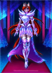 Size: 2893x4044 | Tagged: safe, artist:minamikoboyasy, derpibooru import, oc, oc:selune darkeye, unofficial characters only, anthro, plantigrade anthro, unicorn, armor, armor skirt, banner, body markings, carpet, cloak, clothes, coat markings, commission, curtains, cutie mark, ear fluff, epaulettes, flowing mane, flowing tail, gauntlet, horn, image, looking at you, markings, moon, png, redhead, skirt, smiling, smiling at you, solo, sword, tail, unicorn oc, walking, walking towards you, weapon, window