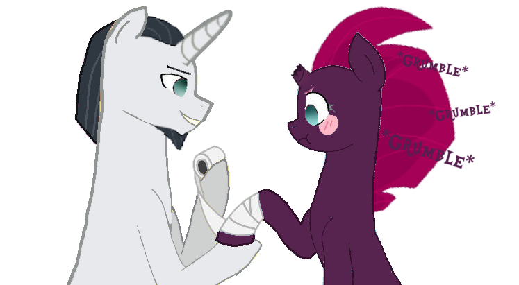 Size: 747x411 | Tagged: safe, artist:decokelow, derpibooru import, chancellor neighsay, fizzlepop berrytwist, tempest shadow, pony, unicorn, bandage, bandaged leg, blushing, facial hair, female, grumble, i ship it, image, looking at someone, looking at something, male, mare, png, shipping, stallion, straight, tempest neighsay