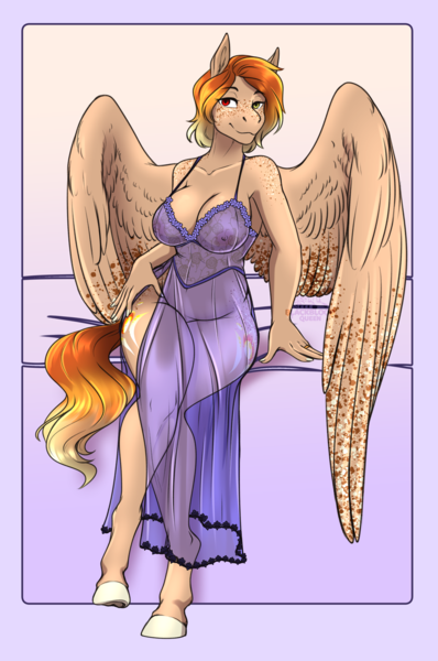 Size: 1503x2266 | Tagged: questionable, artist:blackblood-queen, derpibooru import, oc, oc:firelight, unofficial characters only, anthro, pegasus, pony, unguligrade anthro, anthro oc, big breasts, breasts, clothes, digital art, female, freckles, heterochromia, image, jewelry, mare, milf, nightgown, nipples, nudity, pegasus oc, plump, png, ring, see-through, short mane, sitting, solo, solo female, wedding ring, wings
