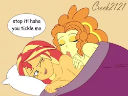 Size: 1033x774 | Tagged: suggestive, artist:crock2121, derpibooru import, adagio dazzle, sunset shimmer, equestria girls, bare shoulders, blanket, blushing, comic, dialogue, duo, duo female, female, females only, image, implied nudity, jpeg, lesbian, licking, nudity, one eye closed, partial nudity, pillow, shipping, shoulder lick, simple background, smiling, sunsagio, tongue out