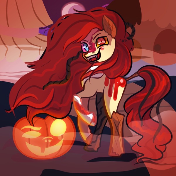 Size: 2000x2000 | Tagged: semi-grimdark, artist:carconutty, derpibooru import, oc, oc:candymare, ponified, candy pony, food pony, original species, pony, candy, food, halloween, holiday, image, jack-o-lantern, jpeg, nightmare night, pumpkin, something sweet to bite