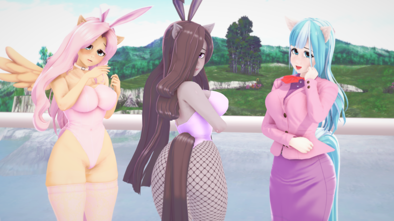 Size: 3840x2160 | Tagged: suggestive, artist:jalias3d, derpibooru import, coco pommel, fluttershy, marble pie, human, 3d, blazer, breasts, bunny ears, bunny suit, busty coco pommel, busty fluttershy, busty marble pie, choker, clothes, eared humanization, fishnets, hair over one eye, humanized, image, koikatsu, looking at you, looking back, looking back at you, png, skirt, socks, tail, tailed humanization, thigh highs