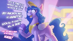 Size: 3840x2160 | Tagged: safe, artist:cocaine, derpibooru import, izzy moonbow, unicorn, crown, dialogue, evil, g5, image, implied zipp storm, insanity, jewelry, kitchen, offscreen character, png, refrigerator, regalia