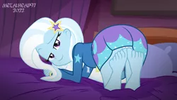 Size: 1280x720 | Tagged: suggestive, artist:metalhead97, derpibooru import, trixie, equestria girls, equestria girls series, all fours, ass, barefoot, bed, bedroom, bedroom eyes, butt, cameltoe, clothes, feet, female, image, legs, legs in air, lidded eyes, looking at you, looking back, looking back at you, panties, png, pose, presenting, show accurate, skirt, skirt lift, smiling, solo, solo female, sultry pose, sweater, underwear