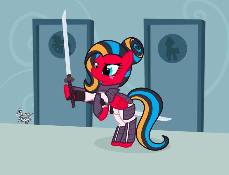 Size: 2360x1807 | Tagged: safe, artist:mommymidday, derpibooru import, pegasus, pony, bathroom, clothes, guard, image, jpeg, ronin, suit, windblade