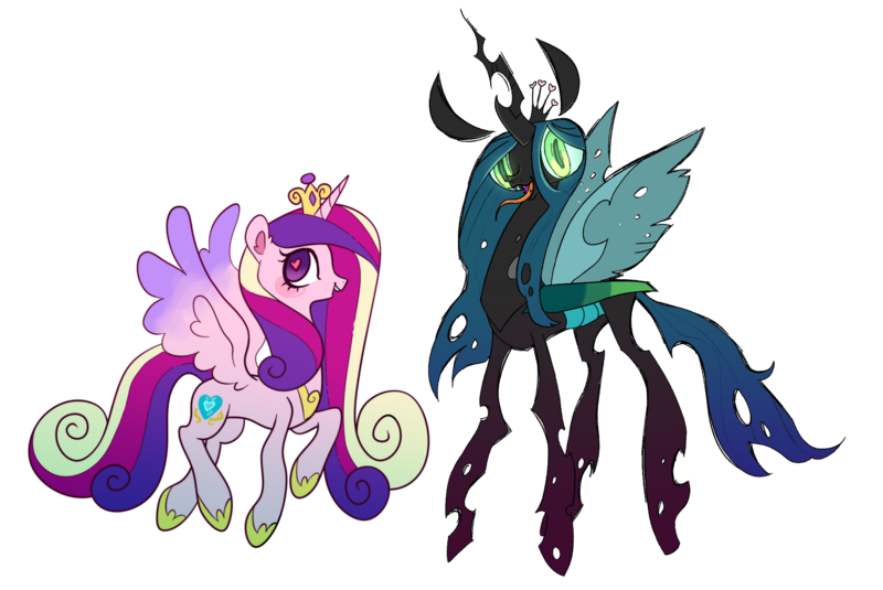 Size: 2194x1466 | Tagged: safe, artist:pinfeather, derpibooru import, princess cadance, queen chrysalis, alicorn, changeling, changeling queen, pony, canterlot wedding 10th anniversary, colored wings, duo, female, image, png, simple background, transparent background, two toned wings, wings