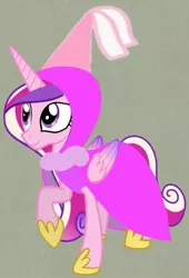 Size: 671x984 | Tagged: safe, artist:darlycatmake, derpibooru import, princess cadance, alicorn, cape, clothes, costume swap, cover, hat, hennin, image, jewelry, jpeg, looking at someone, looking at something, looking up, princess, raised hoof, robe, robes