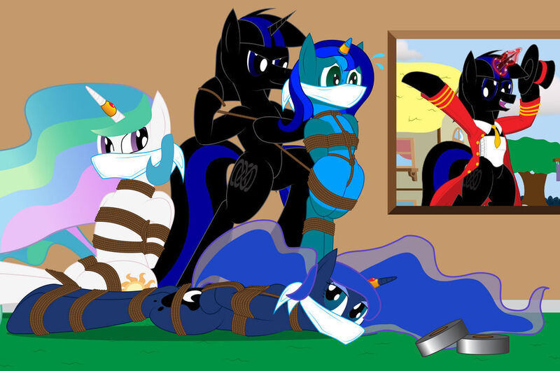 Size: 1024x679 | Tagged: safe, artist:billy2345, derpibooru import, princess celestia, princess luna, oc, oc:amberlue, alicorn, pony, unicorn, bondage, cloth gag, commission, gag, help, help me, image, jpeg, looking at each other, looking at someone, lying down, picture, rope, rope bondage, sad, scared, sitting, standing on two hooves, struggling, sweat, tied up, tying, worried