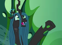 Size: 3293x2411 | Tagged: safe, artist:sketchmcreations, derpibooru import, queen chrysalis, changeling, changeling queen, to where and back again, canterlot wedding 10th anniversary, female, gradient background, green background, image, inkscape, open mouth, png, raised hoof, redraw, scene interpretation, simple background, throne, vector