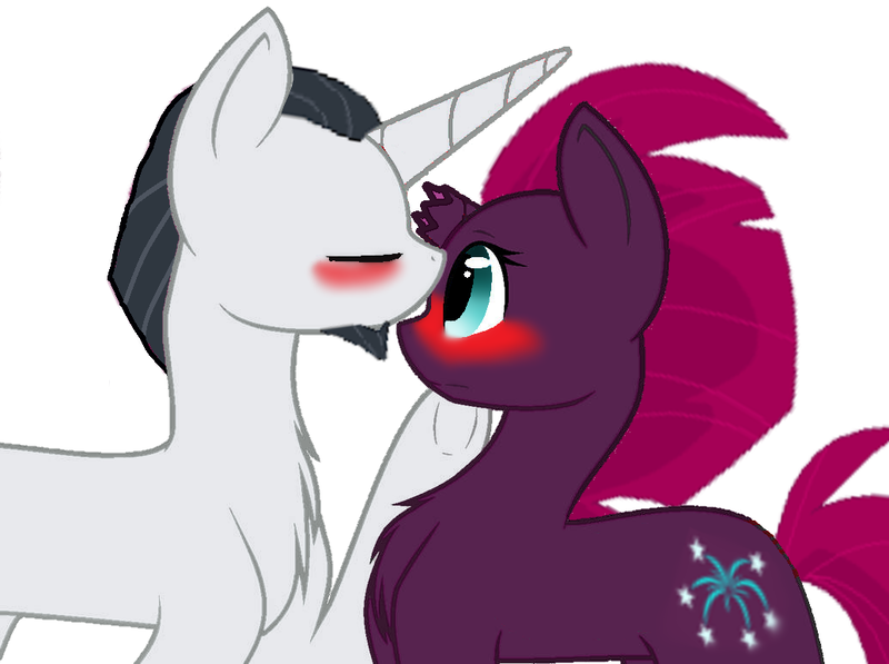 Size: 1035x772 | Tagged: safe, artist:cahansentoth, artist:decokelow, derpibooru import, chancellor neighsay, fizzlepop berrytwist, tempest shadow, pony, unicorn, base used, blushing, couple, eyes closed, female, forehead kiss, image, kissing, lidded eyes, looking at someone, male, mare, png, stallion