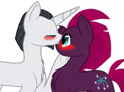 Size: 1035x772 | Tagged: safe, artist:cahansentoth, artist:decokelow, derpibooru import, chancellor neighsay, fizzlepop berrytwist, tempest shadow, pony, unicorn, base used, blushing, couple, eyes closed, female, forehead kiss, image, kissing, lidded eyes, looking at someone, male, mare, png, stallion