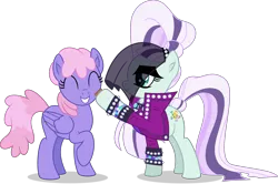 Size: 5865x3890 | Tagged: safe, artist:thatusualguy06, derpibooru import, coloratura, rainbowshine, earth pony, pegasus, pony, the mane attraction, .svg available, :d, ^^, absurd resolution, clothes, countess coloratura, duo, duo female, eyes closed, female, hoofsies, image, jacket, open mouth, open smile, png, raised hoof, simple background, smiling, stamp, transparent background, vector, veil