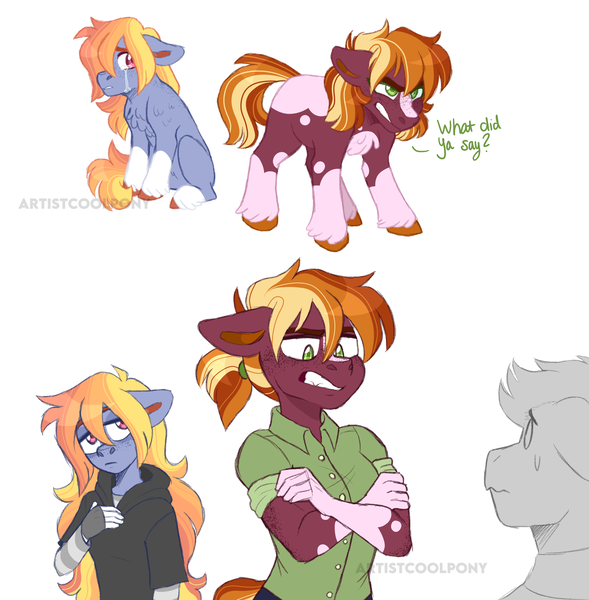 Size: 2455x2501 | Tagged: safe, artist:artistcoolpony, derpibooru import, oc, oc:auburn sky, oc:sunny harvest, anthro, earth pony, pony, coat markings, crossed arms, crying, duo focus, female, filly, foal, image, mare, offspring, parent:big macintosh, parent:rainbow dash, parents:rainbowmac, png, siblings, simple background, sisters, socks (coat marking), white background