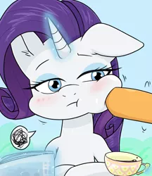 Size: 640x740 | Tagged: safe, derpibooru import, applejack, rarity, earth pony, pony, unicorn, blushing, cup, ear fluff, glow, glowing horn, horn, image, magic, offscreen character, png, rarity is a marshmallow, rarity is not amused, teacup, telekinesis, touch, unamused