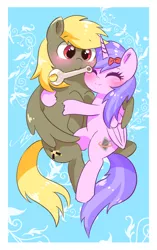 Size: 1576x2508 | Tagged: safe, artist:leo19969525, derpibooru import, oc, unofficial characters only, alicorn, pegasus, pony, ^^, blushing, duo, eyes closed, female, folded wings, horn, hug, image, jpeg, male, mare, mouth hold, oc x oc, shipping, simple background, smiling, stallion, straight, white background, winghug, wings, wrench