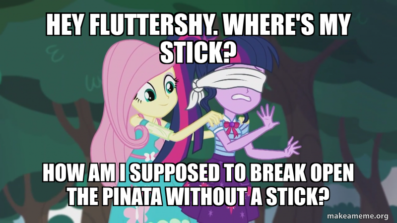Size: 800x450 | Tagged: safe, derpibooru import, edit, edited screencap, screencap, fluttershy, sci-twi, twilight sparkle, equestria girls, equestria girls series, stressed in show, blindfold, caption, image, image macro, png, text