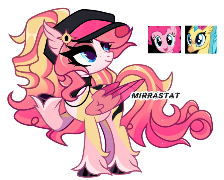 Size: 1280x1027 | Tagged: safe, artist:mirrastat, derpibooru import, pinkie pie, princess skystar, oc, hybrid, pegasus, pony, my little pony: the movie, base used, eyelashes, female, hat, image, interspecies offspring, looking back, magical lesbian spawn, mare, offspring, parent:pinkie pie, parent:princess skystar, parents:skypie, pegasus oc, png, raised hoof, simple background, smiling, transparent background, unshorn fetlocks, wings