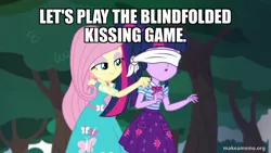 Size: 800x450 | Tagged: suggestive, derpibooru import, edit, edited screencap, screencap, fluttershy, sci-twi, twilight sparkle, equestria girls, equestria girls series, stressed in show, blindfold, caption, image, image macro, png, text