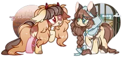 Size: 2964x1386 | Tagged: safe, artist:cafne, derpibooru import, oc, unofficial characters only, earth pony, pony, base used, braid, clothes, duo, ear fluff, earth pony oc, eyelashes, eyepatch, female, horns, image, mare, png, raised hoof, simple background, smiling, socks, transparent background