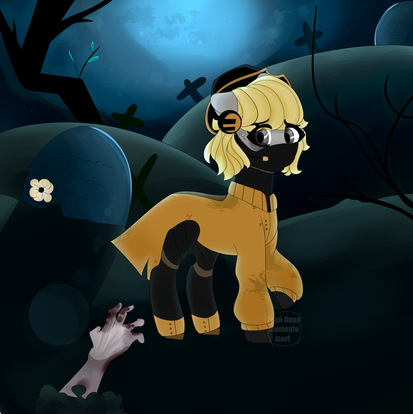 Size: 4338x4347 | Tagged: safe, artist:nikachyy, derpibooru import, oc, unofficial characters only, earth pony, pony, undead, zombie, clothes, earth pony oc, gravestone, image, outdoors, png, worried