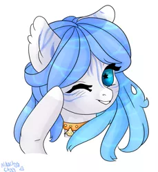 Size: 903x984 | Tagged: safe, artist:nikachyy, derpibooru import, oc, unofficial characters only, earth pony, pony, bust, collar, ear fluff, earth pony oc, eyelashes, female, grin, image, mare, one eye closed, png, simple background, smiling, starry eyes, white background, wingding eyes, wink