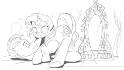 Size: 1569x891 | Tagged: safe, artist:nauyaco, derpibooru import, sunset shimmer, pony, argyle starshine, g5, image, magic mirror, monochrome, png