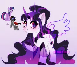 Size: 2138x1846 | Tagged: safe, artist:whohwo, derpibooru import, king sombra, twilight sparkle, twilight sparkle (alicorn), alicorn, pony, colored hooves, eyelashes, female, fusion, hoof shoes, image, makeup, male, mare, png, purple background, raised hoof, simple background, stallion