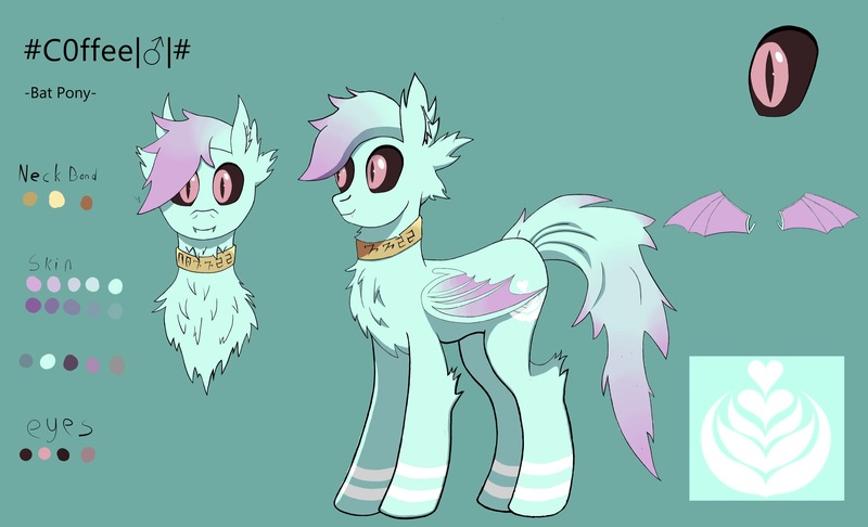 Size: 2530x1536 | Tagged: safe, artist:thedarkmario, derpibooru import, oc, oc:#c0ffee, unofficial characters only, bat pony, bat wings, black sclera, chest fluff, collar, cute, cute little fangs, cutie mark, dark eyes, fangs, front view, gradient mane, image, jewelry, jpeg, male, necklace, pink eyes, reference sheet, side view, simple background, teal background, wings