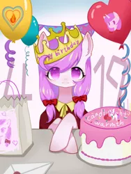 Size: 1080x1440 | Tagged: safe, artist:bonecrow, derpibooru import, oc, oc:candlelight warmth, unofficial characters only, pony, unicorn, balloon, birthday, birthday cake, birthday gift, bow, cake, crown, cute, female, food, hair bow, horn, image, jewelry, letter, looking at you, mare, pigtails, png, regalia, unicorn oc