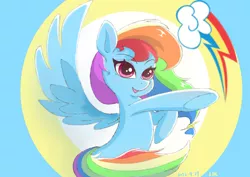 Size: 3508x2480 | Tagged: safe, artist:red river, derpibooru import, rainbow dash, pegasus, circle, circle background, cute, cutie mark, flying, icon, image, jpeg, open mouth, pointing, ponytail, raised hoof, smiling, wings