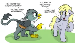 Size: 1537x877 | Tagged: safe, artist:pony-thunder, derpibooru import, derpy hooves, gabby, gryphon, pegasus, bag, comic, cute, derp, dialogue, image, mail, mailbag, mailmare, open mouth, png, raised hoof, smiling, teeth