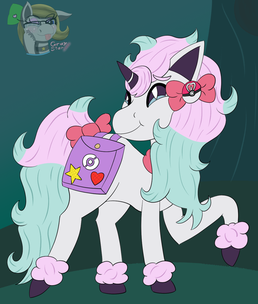 Size: 1100x1300 | Tagged: safe, artist:gray star, derpibooru import, oc, oc:gleaming bow, galarian ponyta, ponyta, unicorn, bag, bow, derpibooru exclusive, female, hair bow, image, png, pokemon sword and shield, pokémon, saddle bag, smiling, tail, tail bow