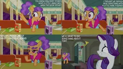 Size: 1280x720 | Tagged: safe, derpibooru import, edit, edited screencap, editor:quoterific, screencap, plaid stripes, rarity, earth pony, pony, unicorn, season 6, the saddle row review, eyes closed, female, grin, image, jpeg, male, mare, open mouth, open smile, smiling, stallion, text