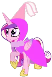 Size: 670x984 | Tagged: safe, alternate version, artist:darlycatmake, derpibooru import, alicorn, cape, clothes, costume, costume swap, cover, happy, hat, hennin, image, jewelry, looking at someone, looking at something, looking up, png, princess, raised hoof, robe, robes, smiling