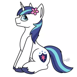 Size: 2800x2800 | Tagged: safe, artist:foxxo666, derpibooru import, shining armor, canterlot wedding 10th anniversary, cute, flower, flower in hair, happy, image, jpeg, looking back, sitting, smiling, solo