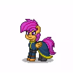 Size: 538x537 | Tagged: safe, artist:gloomy brony, derpibooru import, screencap, scootaloo, pegasus, pony, pony town, chinese text, clothes, female, filly, foal, g4, goenitz, image, jpeg, king of fighters, kof, moon runes, pixel art, pixels, scootaloo is not amused, snk, solo, solo female, unamused
